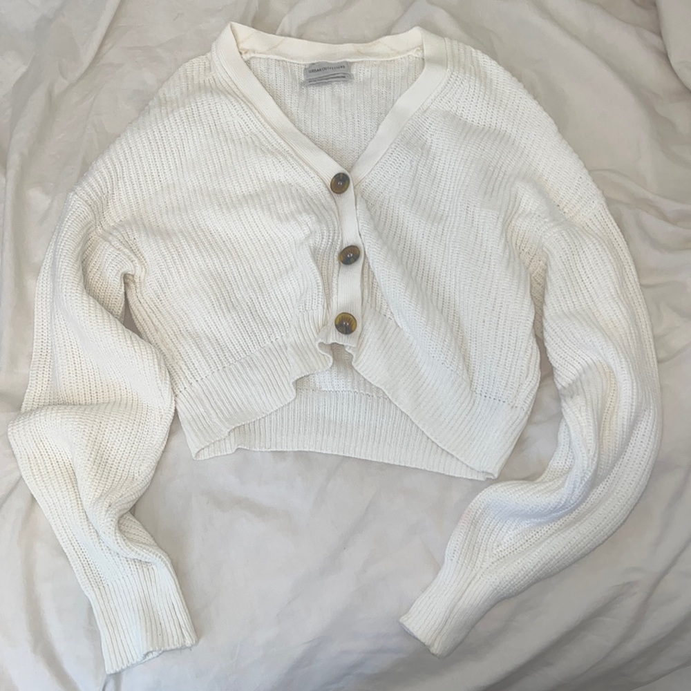 Urban Outfitters white cropped cardigan with tortoise shell buttons
